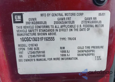 2001 Chevrolet Silverado 1500Hd Ls from USA, damaged, VIN 1GCGC13U31F192555